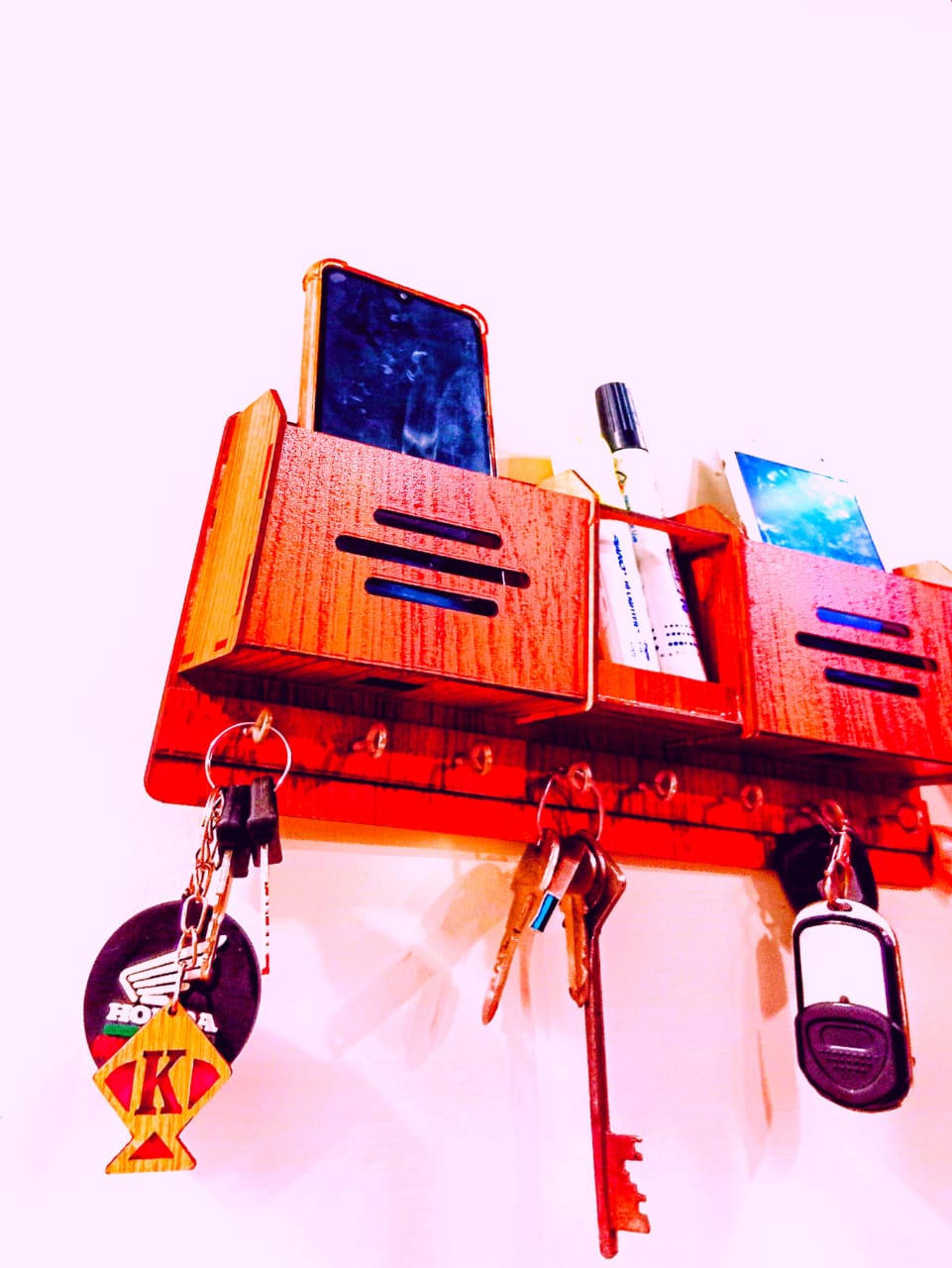 Multiple Purpose Wooden Wall Hanger|Mobile Charging Stand|key Holder|Mail Holder